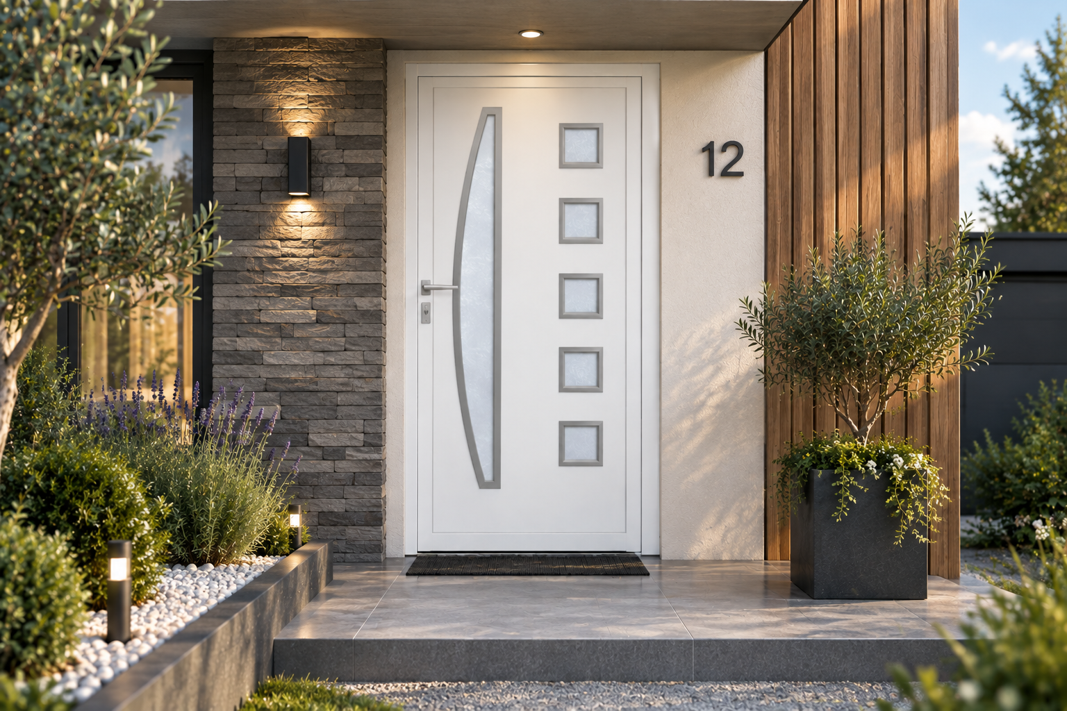Porte d’entrée PVC parclose SELAY – 6 vitrages sablés finition inox